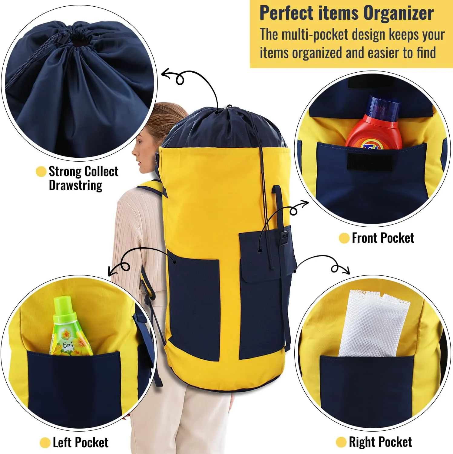 Laundry Bag Backpack, 125L Extra Large Travel Laundry Bags with Shoulder Straps, Adjustable & Extendable Design, Laundry Hamper Bag with 3 Pockets for Laundromat, College, Travel, Camping
