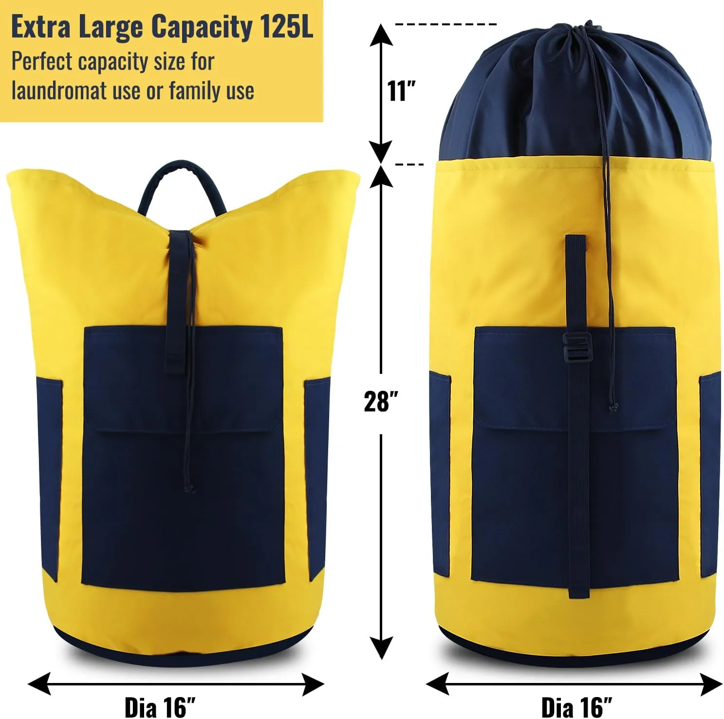 Laundry Bag Backpack, 125L Extra Large Travel Laundry Bags with Shoulder Straps, Adjustable & Extendable Design, Laundry Hamper Bag with 3 Pockets for Laundromat, College, Travel, Camping