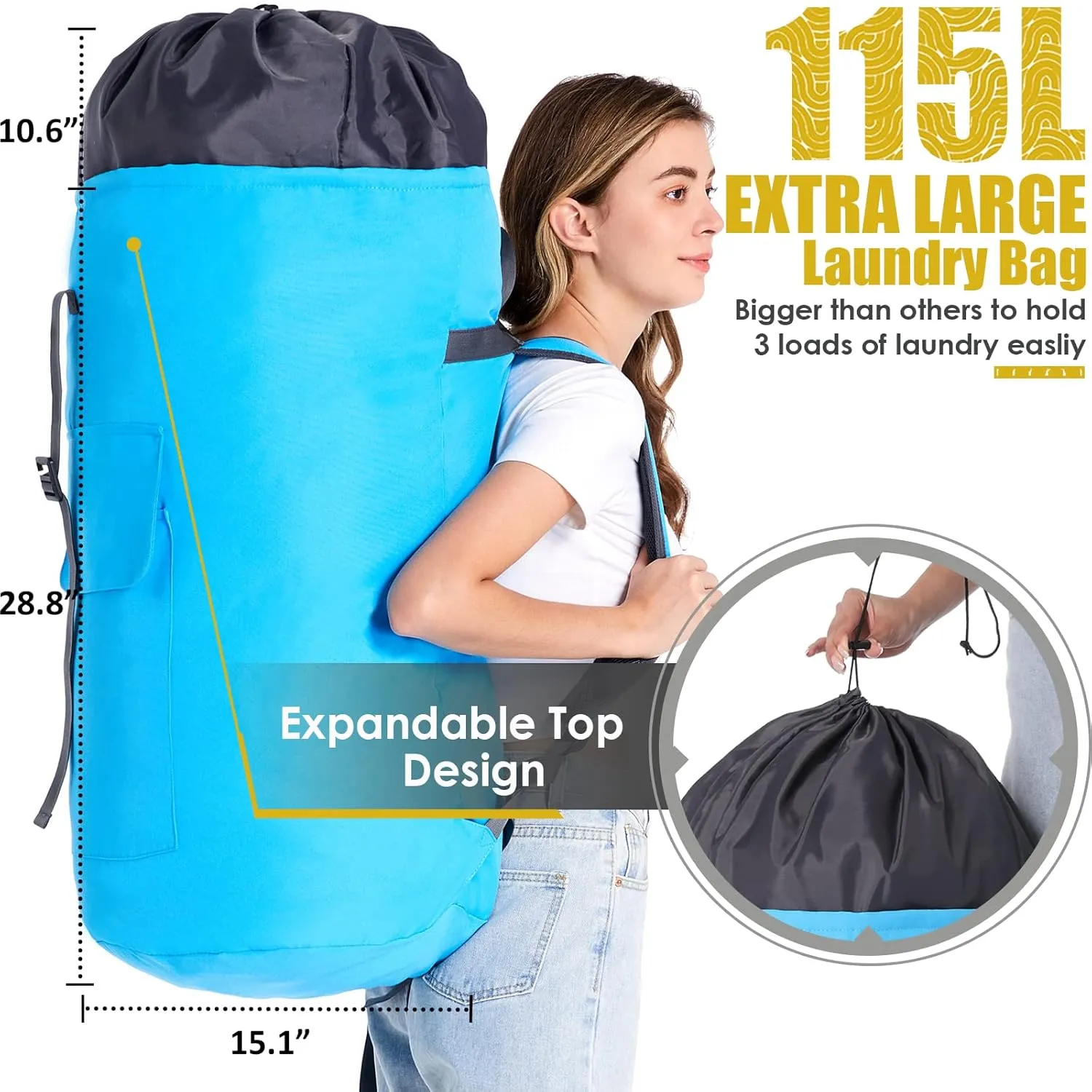 Laundry Bag With Straps 115L, Dorm Room Essentials for College, Heavy Duty Laundry Backpack, Extra Large Backpack Laundry Bag for Apartment, Laundromat, Camping, College Freshman Must Haves