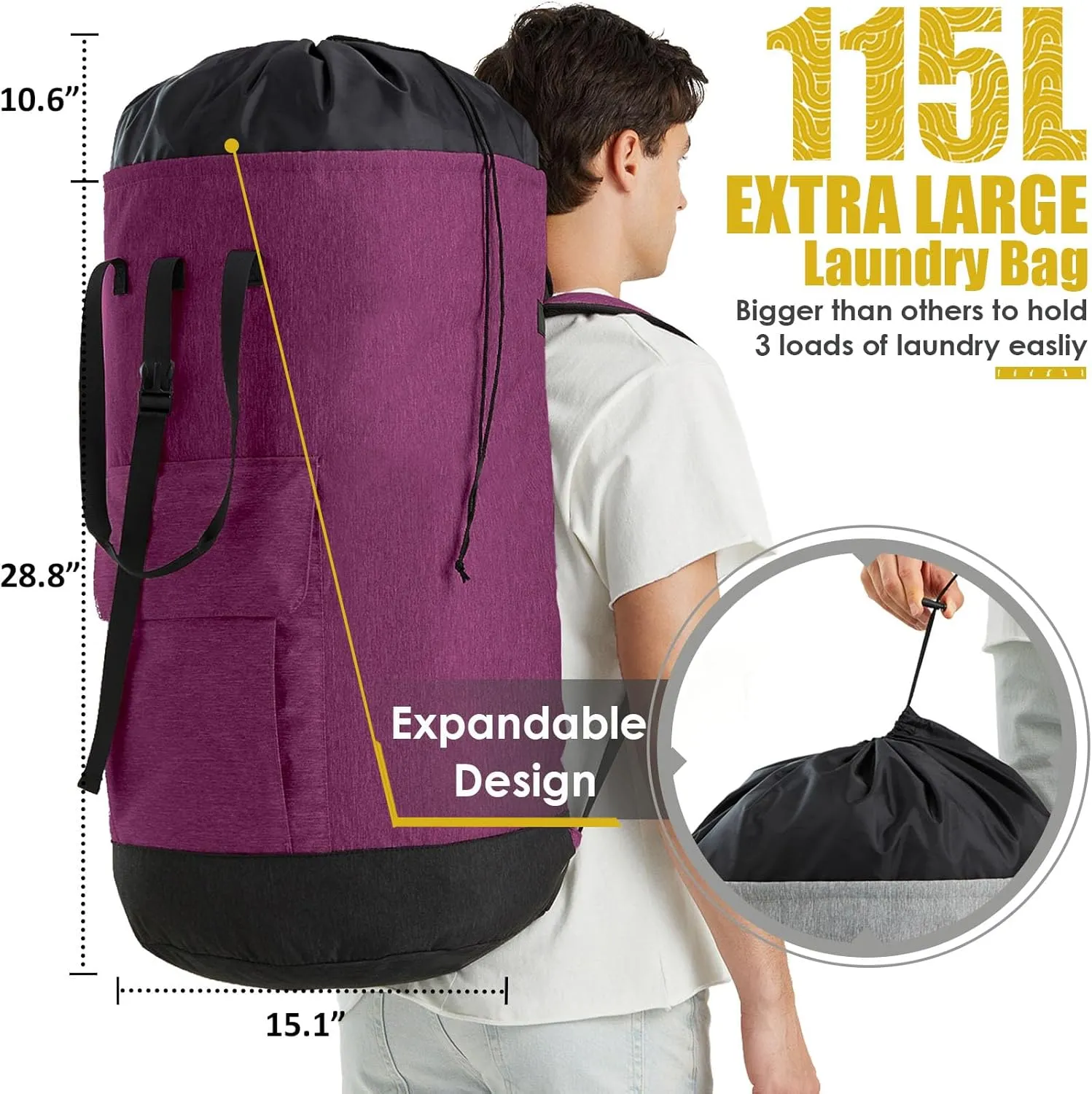 Laundry Bags Extra Large Heavy Duty, 115L Laundry Bag Backpack for College, Laundry Backpack, Laundry Bags with Straps, Large Laundromat Bag, College Dorm Essentials for Guys