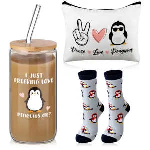 Layhit 3 Pcs Penguin Gifts for Women Thank You Gift 16 oz Coffee Glass Cosmetic Makeup Bag Cute Socks for Mom Teacher Colleague Employee Friend