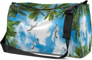 Leather Sport Gym Bag Blue Sky Palm Trees Weekender Bag for Women and Men Carry On Bag Positive Inspirational Travel Duffel Bag