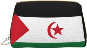 Leather travel cosmetic bag, Flag of Western Sahara portable cosmetic bag, large capacity cosmetic storage bag with pockets,