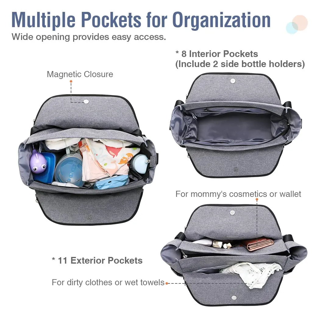 Lekebaby Diaper Bag Tote, Large Diaper Bags Waterproof,Large Mommy Bag for Hospital, Baby Bags for Mom Travel Diaper Tote Messenger Purse,Grey