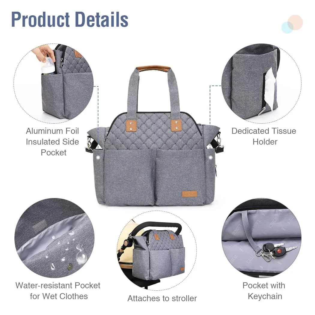 Lekebaby Diaper Bag Tote, Large Diaper Bags Waterproof,Large Mommy Bag for Hospital, Baby Bags for Mom Travel Diaper Tote Messenger Purse,Grey