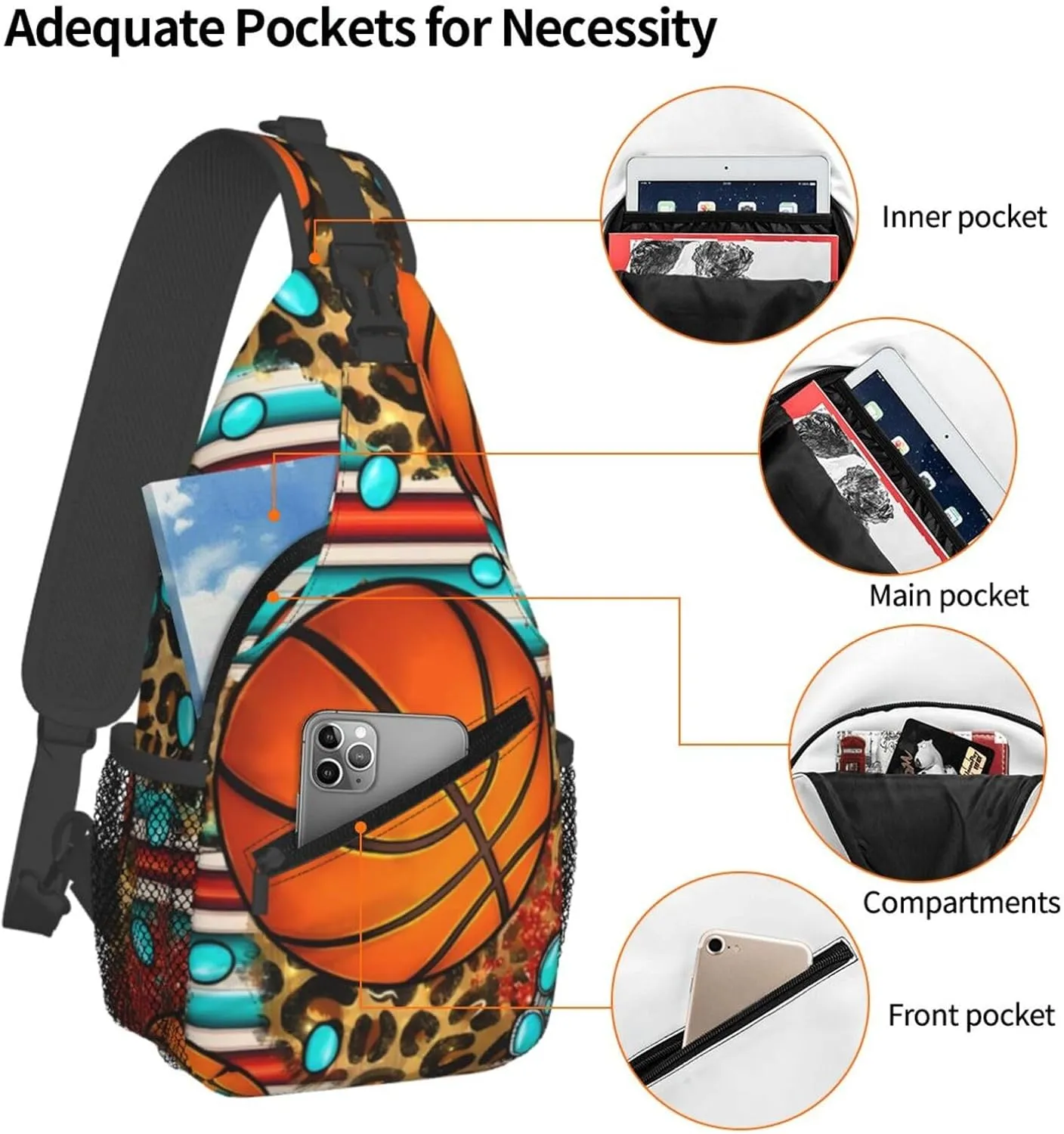 Leopard Print Basketball Chest Bags Crossbody Sling Bag Shoulder Bag Travel Hiking Daypack For Men Women