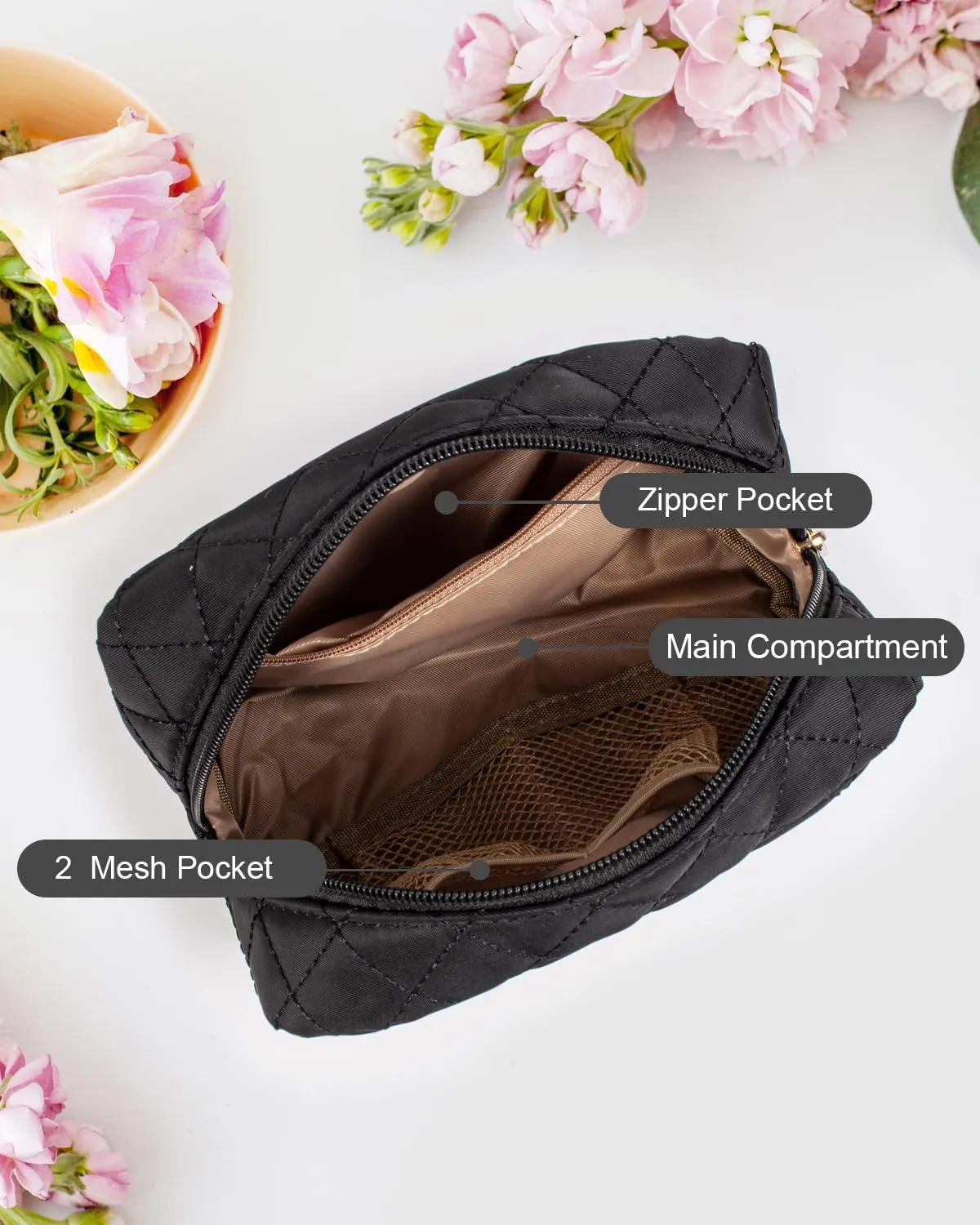 LETGO Makeup Bag Travel Cosmetic Bag,Small Make Up Bags for Women Makeup Organizer Case, Toiletry Bag Quilted Make Up Bags Travel Essentials Toiletries Accessories (Black)