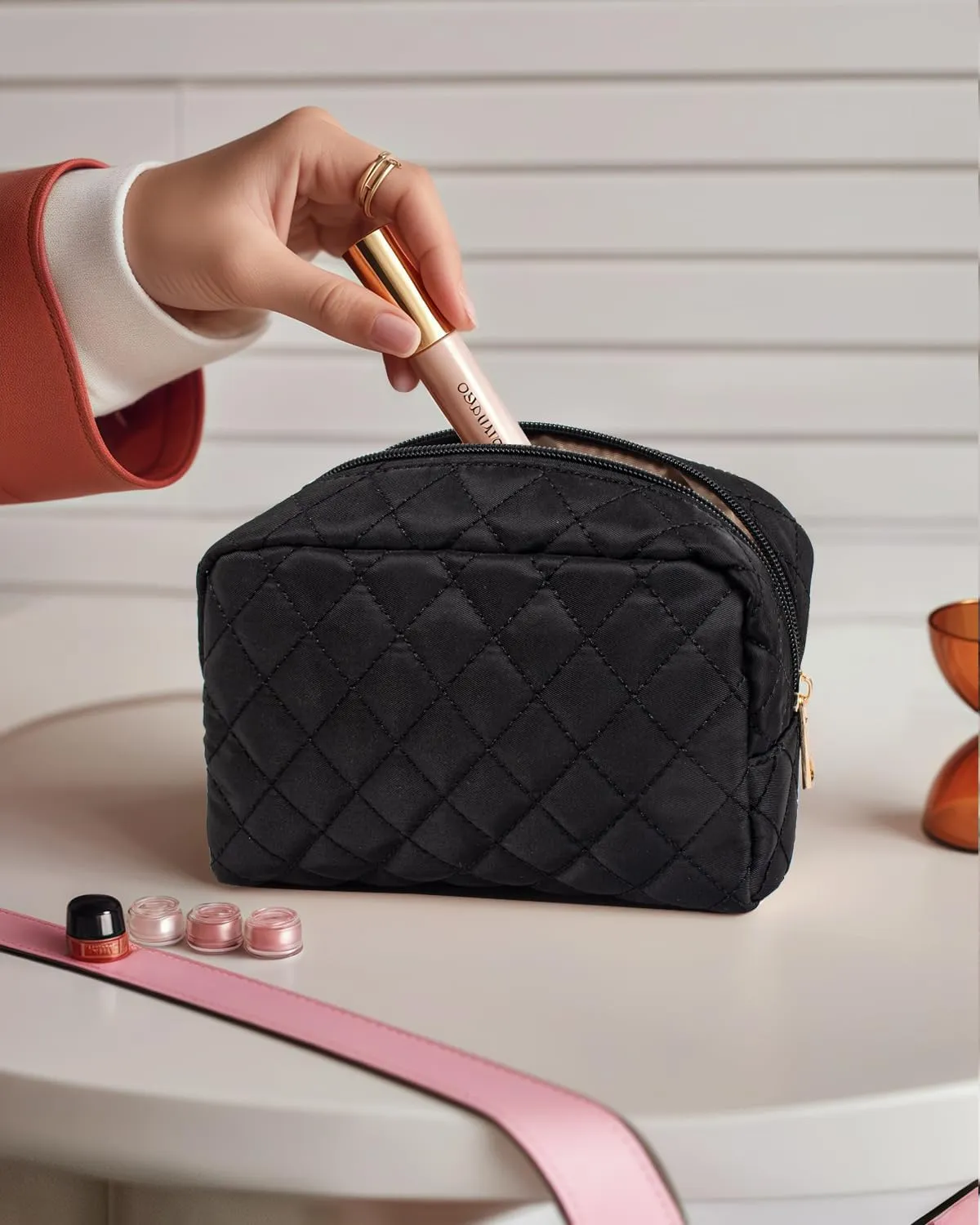 LETGO Makeup Bag Travel Cosmetic Bag,Small Make Up Bags for Women Makeup Organizer Case, Toiletry Bag Quilted Make Up Bags Travel Essentials Toiletries Accessories (Black)