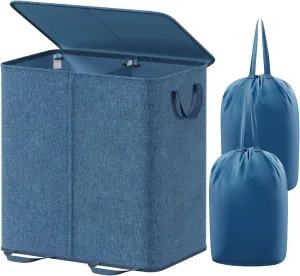 Lifewit Double Laundry Hamper with Lid and Removable Laundry Bags, Large Collapsible 2 Dividers Dirty Clothes Basket with Handles for Bedroom, Laundry Room, Closet, Bathroom, College, 136L Blue