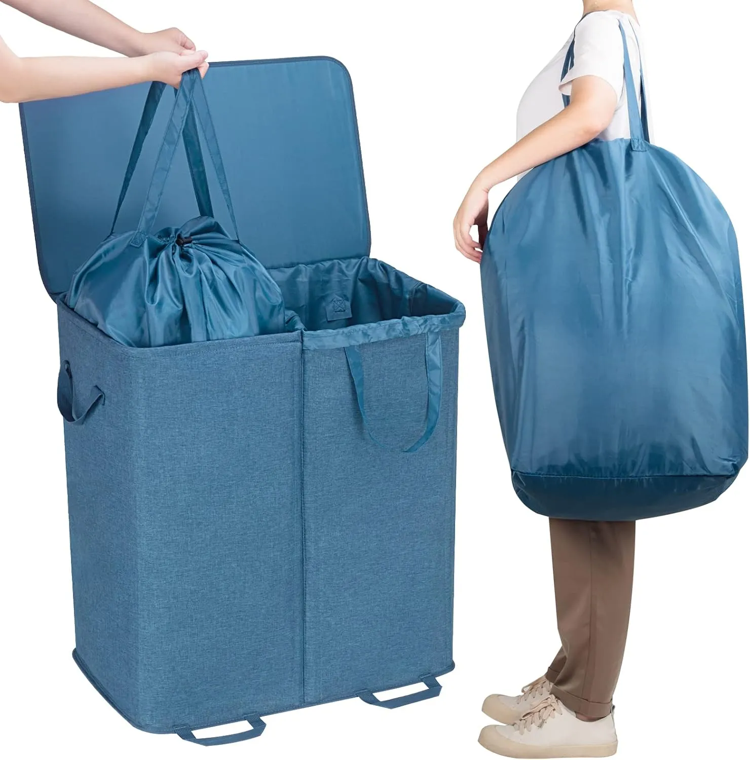 Lifewit Double Laundry Hamper with Lid and Removable Laundry Bags, Large Collapsible 2 Dividers Dirty Clothes Basket with Handles for Bedroom, Laundry Room, Closet, Bathroom, College, 136L Blue