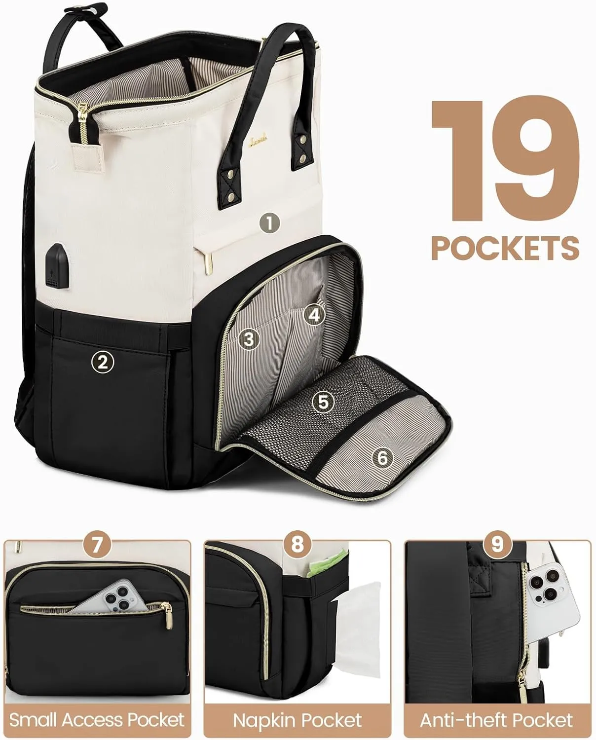 LOVEVOOK Laptop Backpack for Women Fashion Business Computer Backpacks Travel Bags Purse Doctor Nurse Work Backpack with USB Port, Fits 17-Inch Laptop Beige-Black