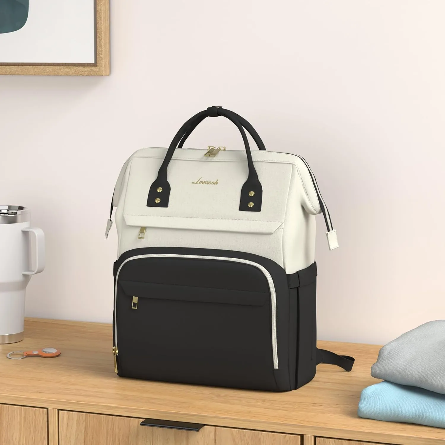 LOVEVOOK Laptop Backpack for Women Fashion Business Computer Backpacks Travel Bags Purse Doctor Nurse Work Backpack with USB Port, Fits 17-Inch Laptop Beige-Black