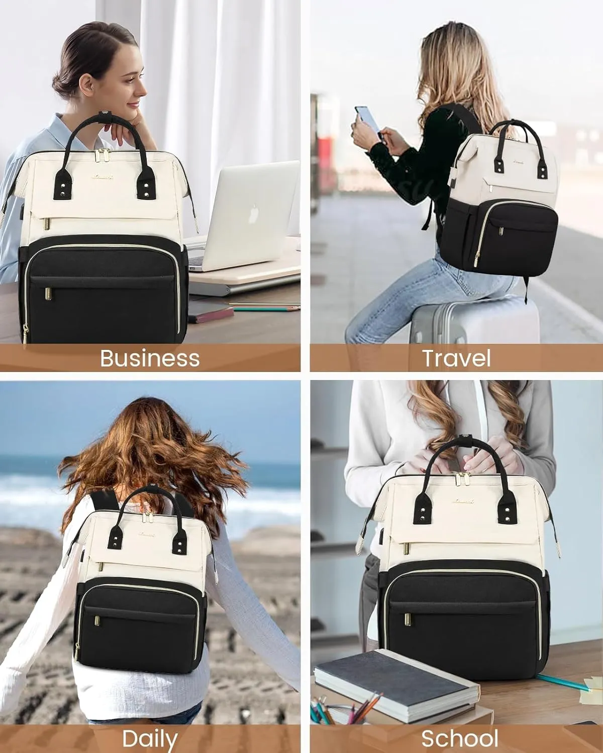 LOVEVOOK Laptop Backpack for Women Fashion Business Computer Backpacks Travel Bags Purse Doctor Nurse Work Backpack with USB Port, Fits 17-Inch Laptop Beige-Black