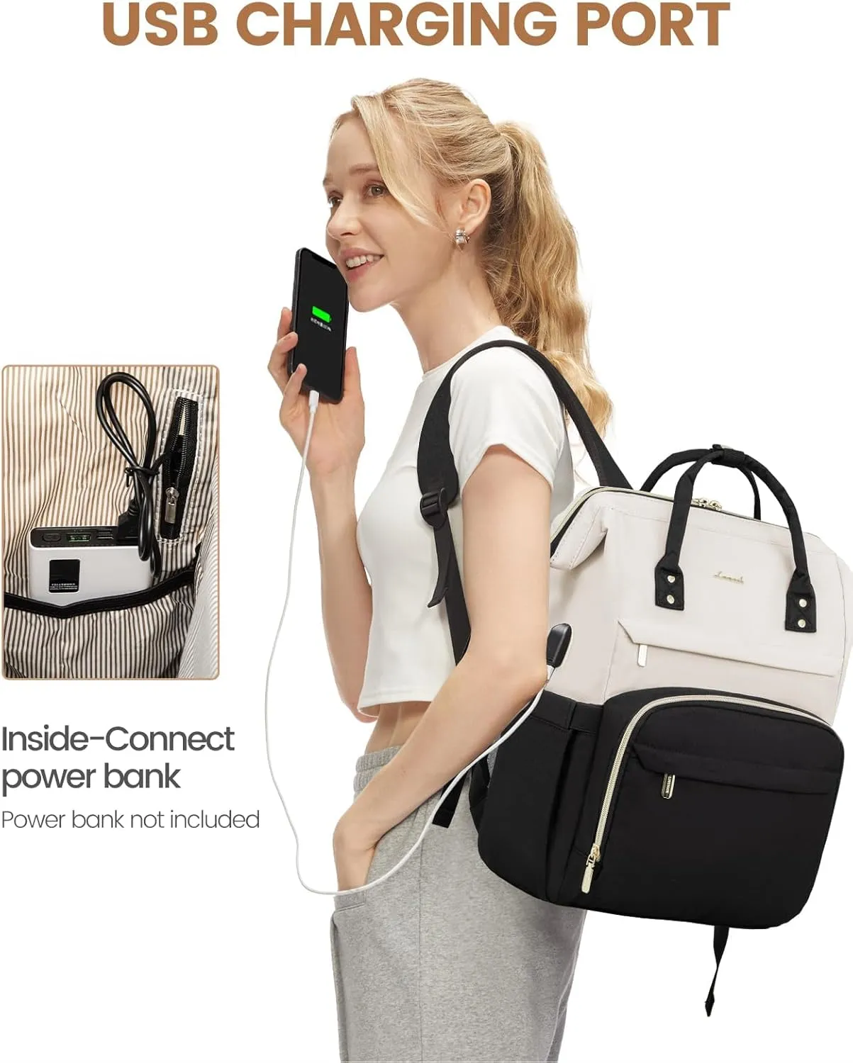 LOVEVOOK Laptop Backpack for Women Fashion Business Computer Backpacks Travel Bags Purse Doctor Nurse Work Backpack with USB Port, Fits 17-Inch Laptop Beige-Black