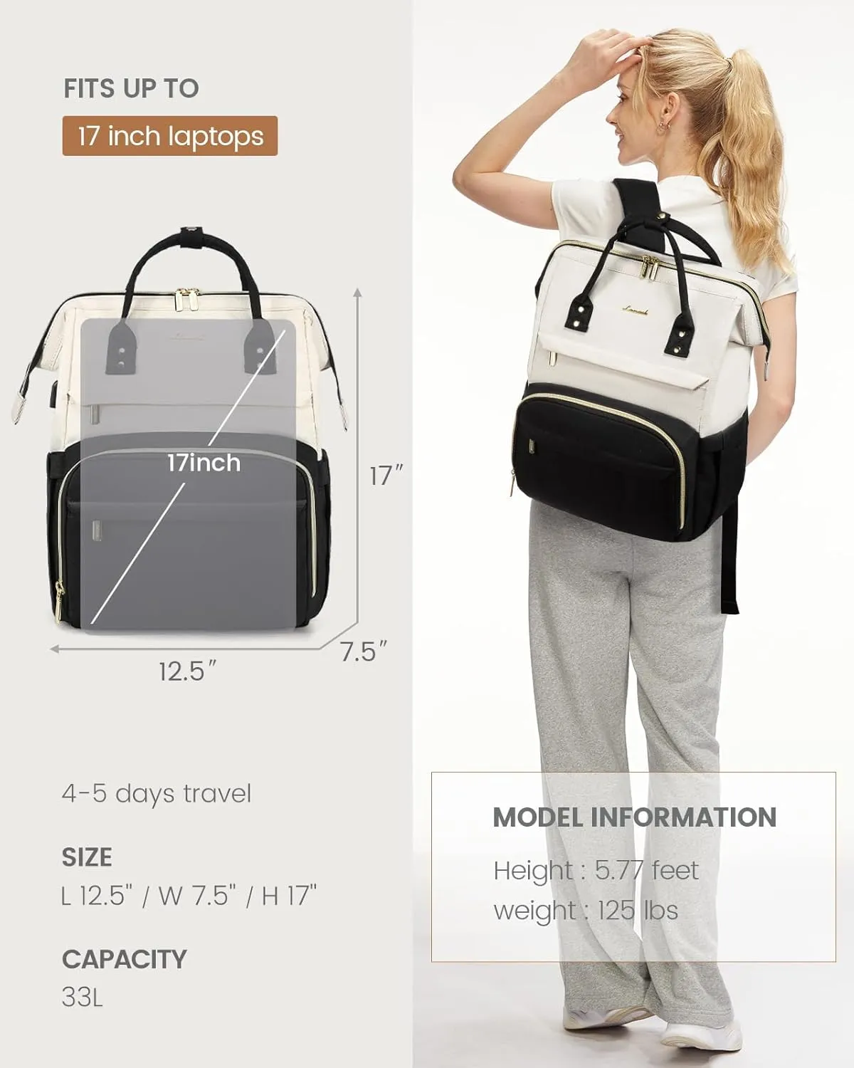 LOVEVOOK Laptop Backpack for Women Fashion Business Computer Backpacks Travel Bags Purse Doctor Nurse Work Backpack with USB Port, Fits 17-Inch Laptop Beige-Black
