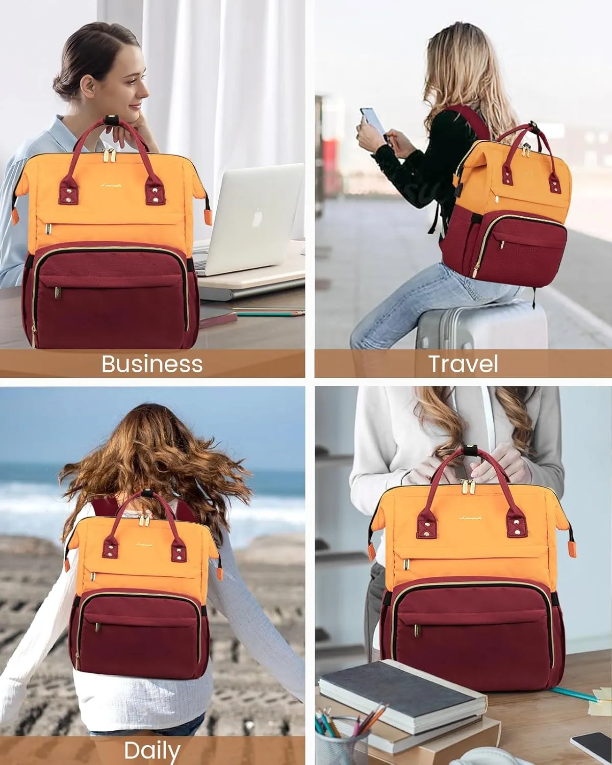 LOVEVOOK Laptop Backpack for Women, Fashion Travel Computer Business Bags, Doctor Nurse Backpack Purse For Work with USB Port, Fits 17-Inch Laptop, Orange-Wine Red