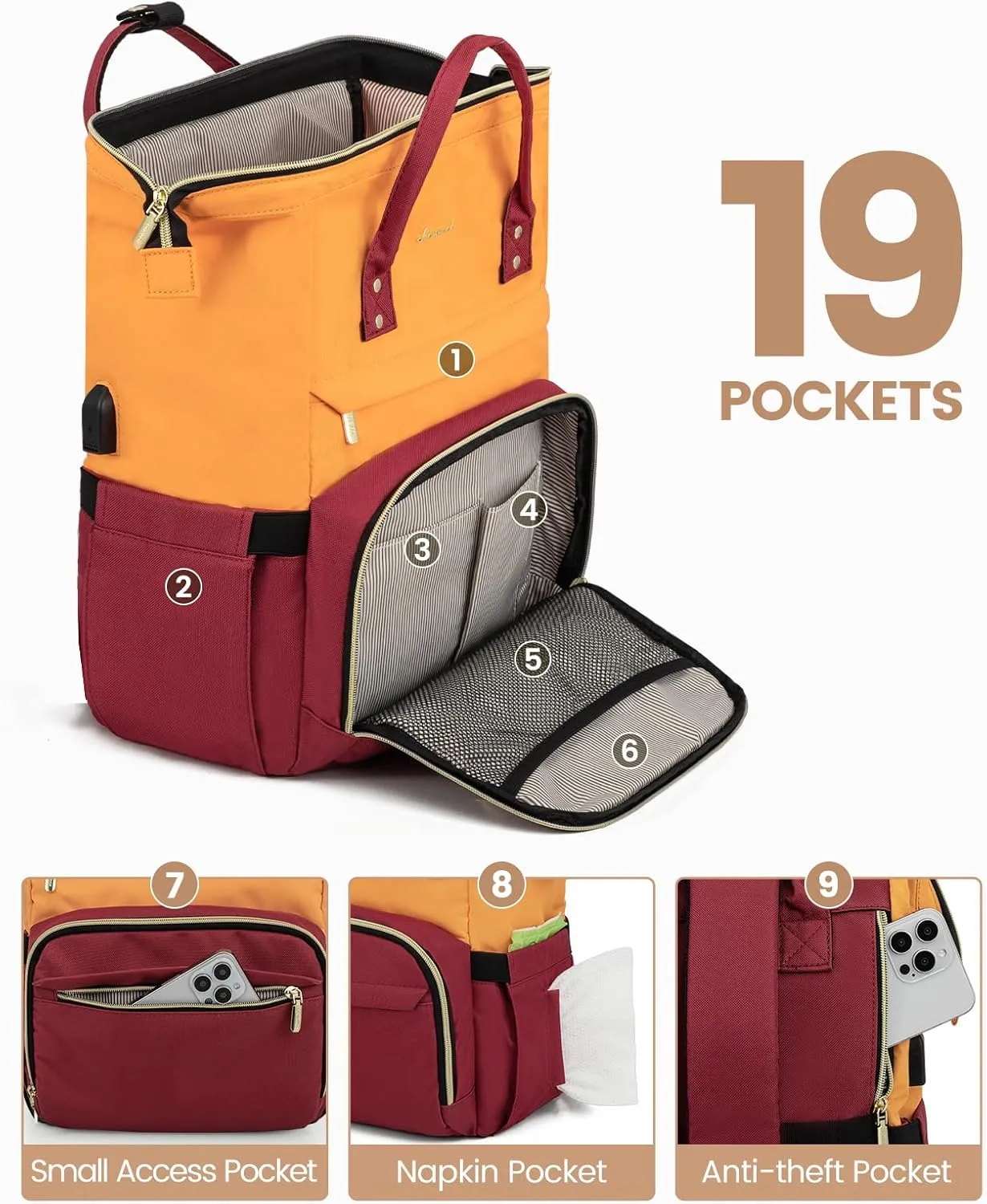 LOVEVOOK Laptop Backpack for Women, Fashion Travel Computer Business Bags, Doctor Nurse Backpack Purse For Work with USB Port, Fits 17-Inch Laptop, Orange-Wine Red