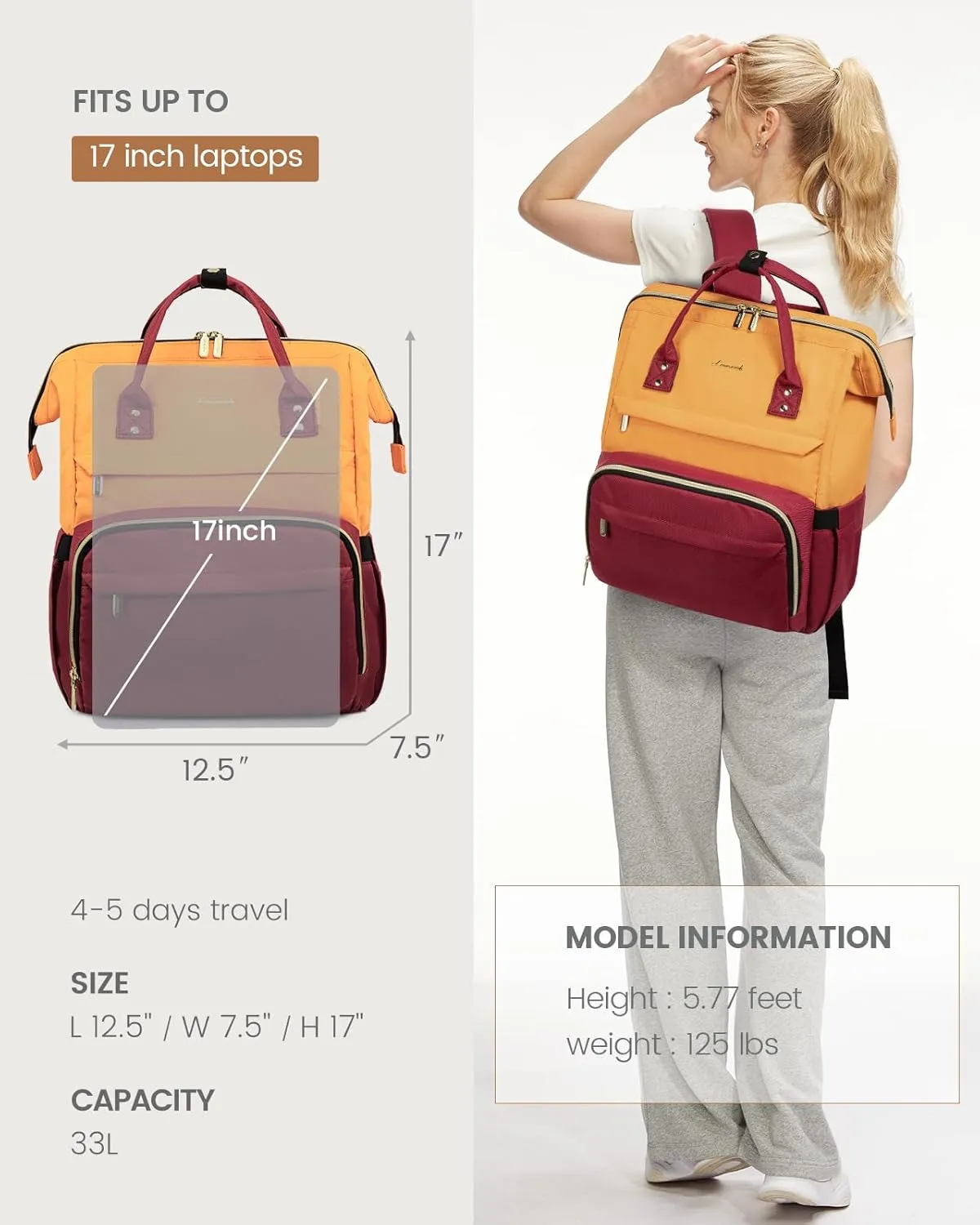 LOVEVOOK Laptop Backpack for Women, Fashion Travel Computer Business Bags, Doctor Nurse Backpack Purse For Work with USB Port, Fits 17-Inch Laptop, Orange-Wine Red