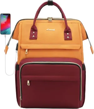 LOVEVOOK Laptop Backpack for Women, Fashion Travel Computer Business Bags, Doctor Nurse Backpack Purse For Work with USB Port, Fits 17-Inch Laptop, Orange-Wine Red
