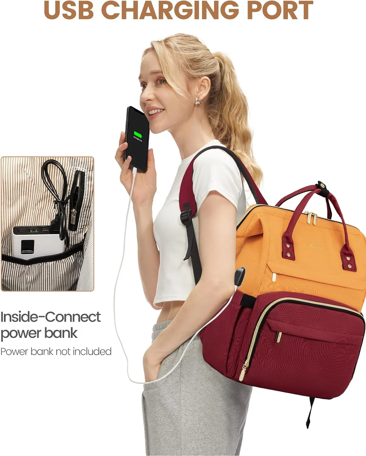 LOVEVOOK Laptop Backpack for Women, Fashion Travel Computer Business Bags, Doctor Nurse Backpack Purse For Work with USB Port, Fits 17-Inch Laptop, Orange-Wine Red