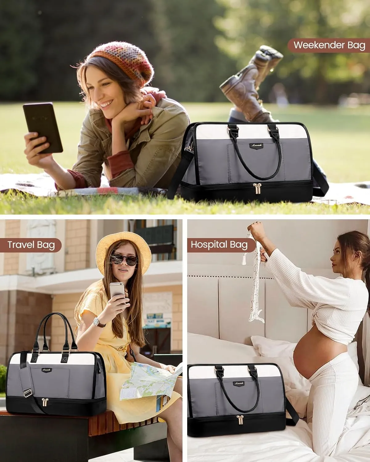 LOVEVOOK Travel Duffel Bag For Women, Weekender Bags With Shoe Compartment, Air Approved Overnight Carry-on Bags With Wet Pocket, Gym Tote Bag, Hospital Bag, 2Pcs