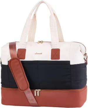 LOVEVOOK Travel Duffle Bag, Women's Personal Item Travel Bag with Shoe Compartment and Toiletry Bag, TSA-Approved Carry-On, Weekender Overnight Bags for Travel (Black-Brown, 18.5Inch)
