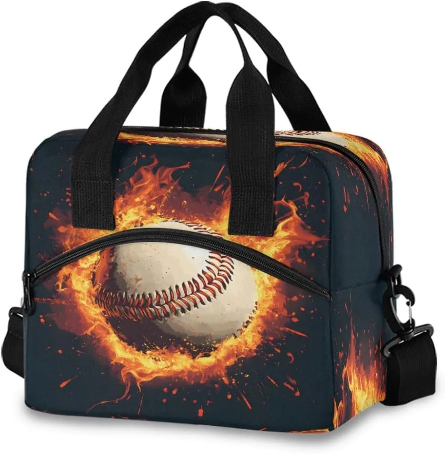 Lunch Bag for Kids Baseball Magma Flame Cooler Lunch Box Large Capacity Lunch Organizer for Boys Girls
