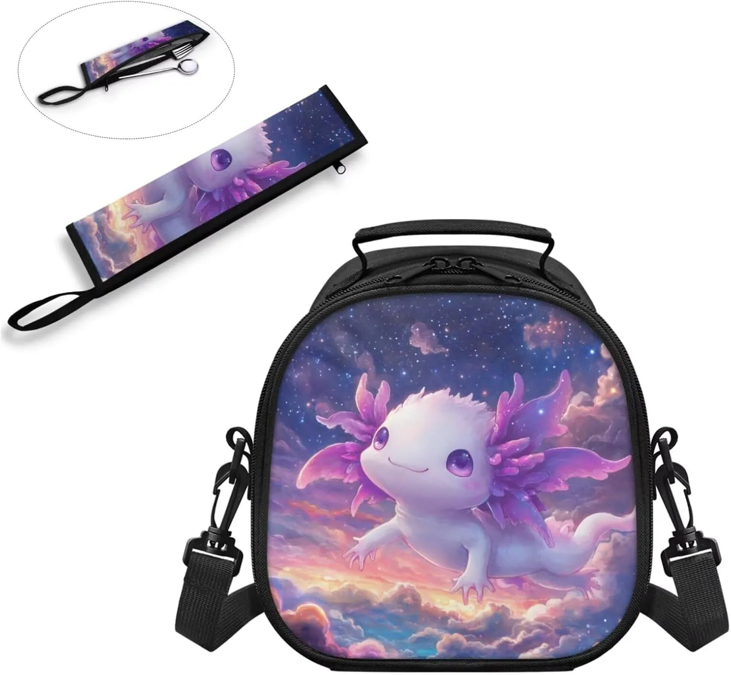 Lunch Bag Kids Kawayi Axolotl Crossbody Lunch Tote for Girls with Adjustable Strap Tableware Carrying Bag for Fork Spoon Chopsticks 2 Pack Lunch Box Bag