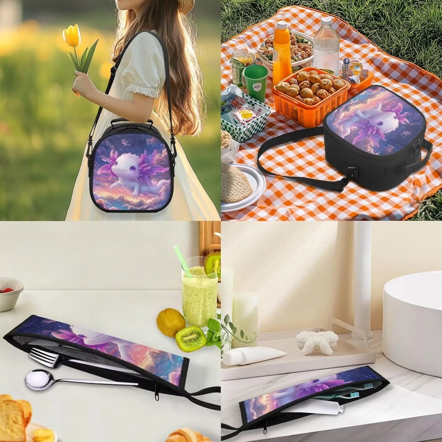 Lunch Bag Kids Kawayi Axolotl Crossbody Lunch Tote for Girls with Adjustable Strap Tableware Carrying Bag for Fork Spoon Chopsticks 2 Pack Lunch Box Bag