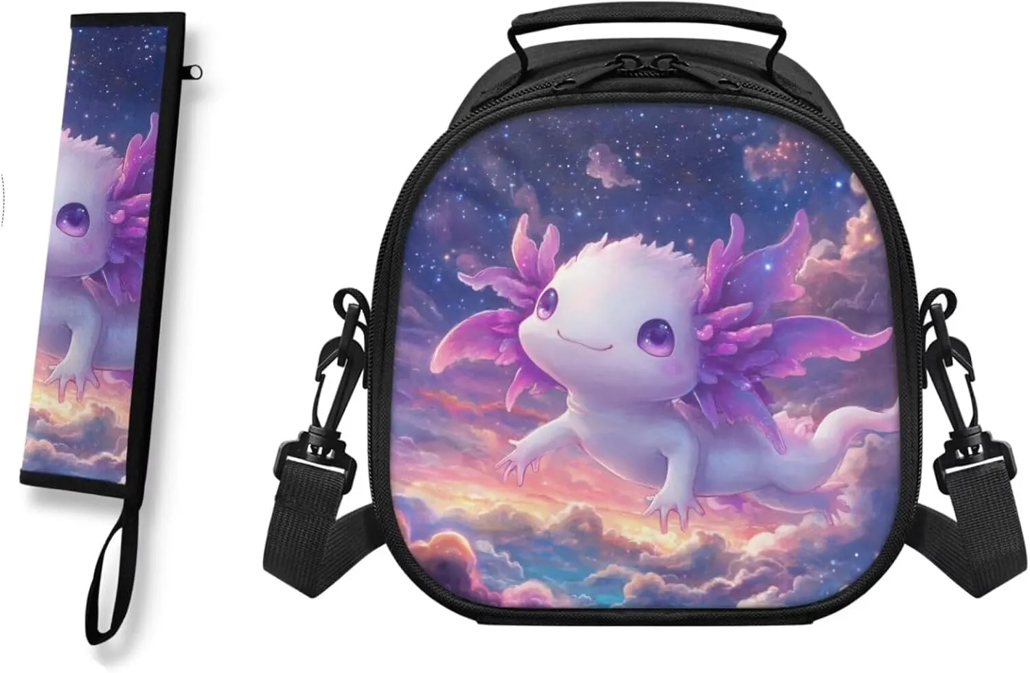 Lunch Bag Kids Kawayi Axolotl Crossbody Lunch Tote for Girls with Adjustable Strap Tableware Carrying Bag for Fork Spoon Chopsticks 2 Pack Lunch Box Bag