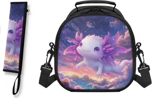 Lunch Bag Kids Kawayi Axolotl Crossbody Lunch Tote for Girls with Adjustable Strap Tableware Carrying Bag for Fork Spoon Chopsticks 2 Pack Lunch Box Bag