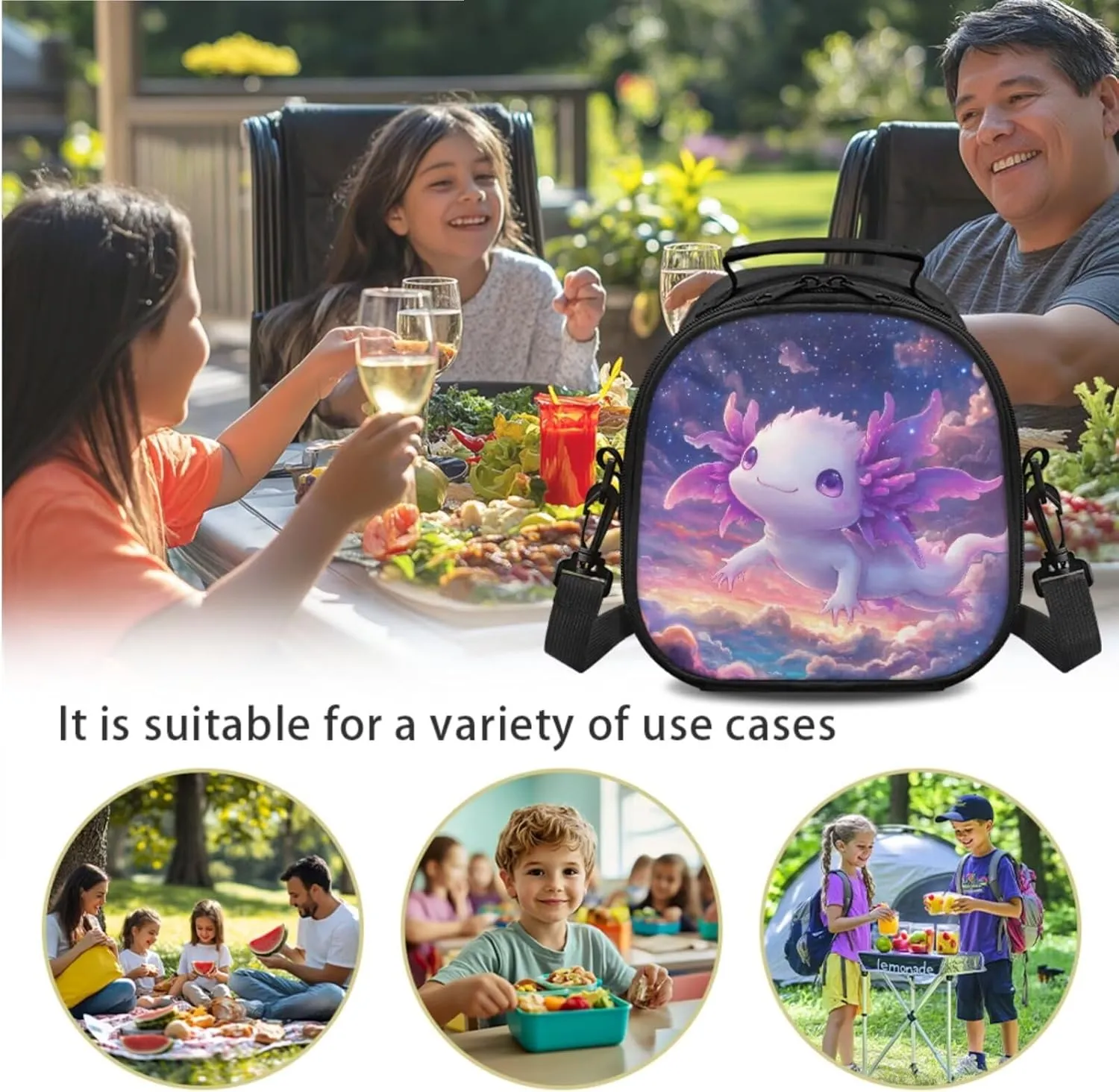 Lunch Bag Kids Kawayi Axolotl Crossbody Lunch Tote for Girls with Adjustable Strap Tableware Carrying Bag for Fork Spoon Chopsticks 2 Pack Lunch Box Bag