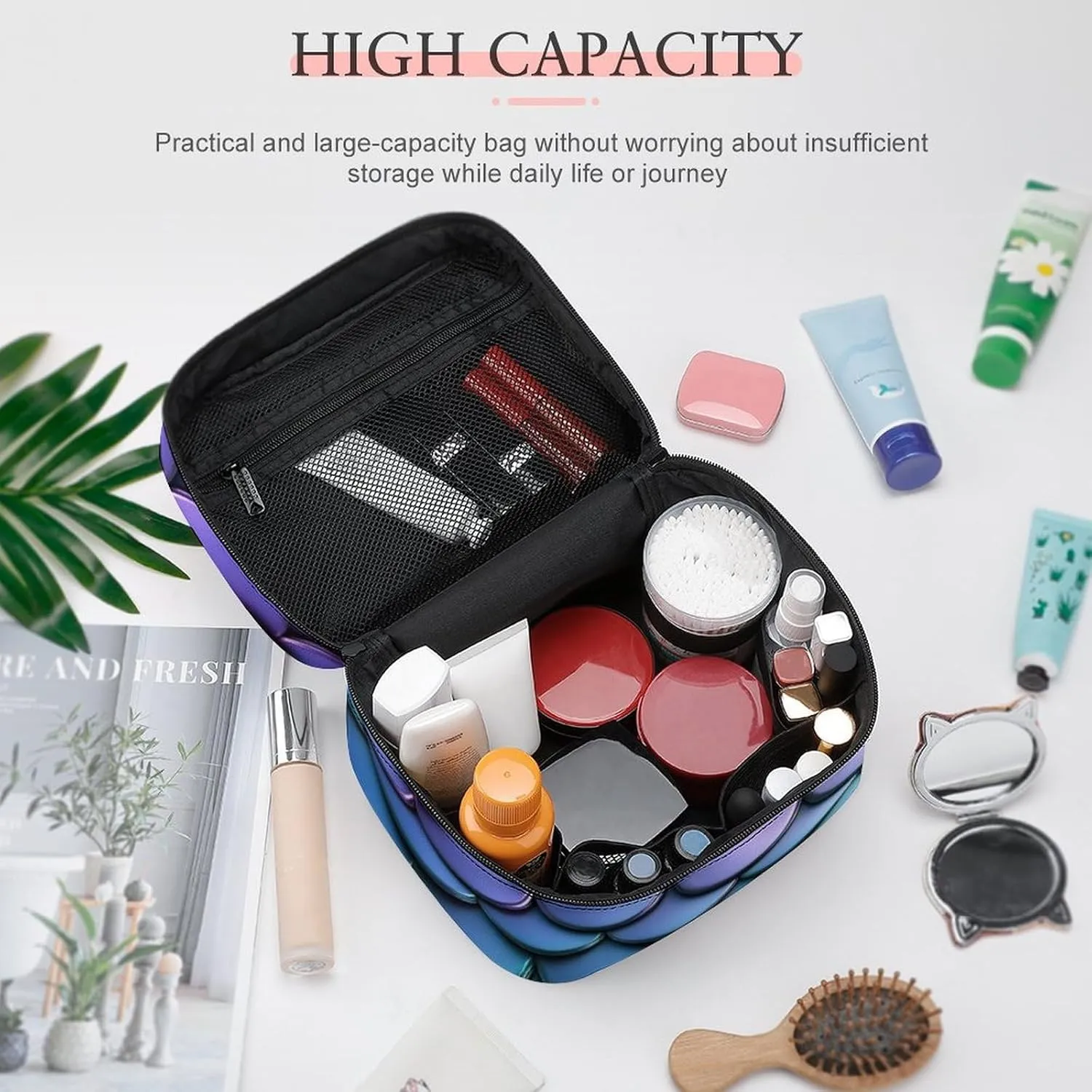 Make Up Bags Purple Turquoise Sparkling Mermaid Scales Pattern Cosmetics Organizer Case for Women, Travel Toiletry Brushes Storage Bag with Carry Handle