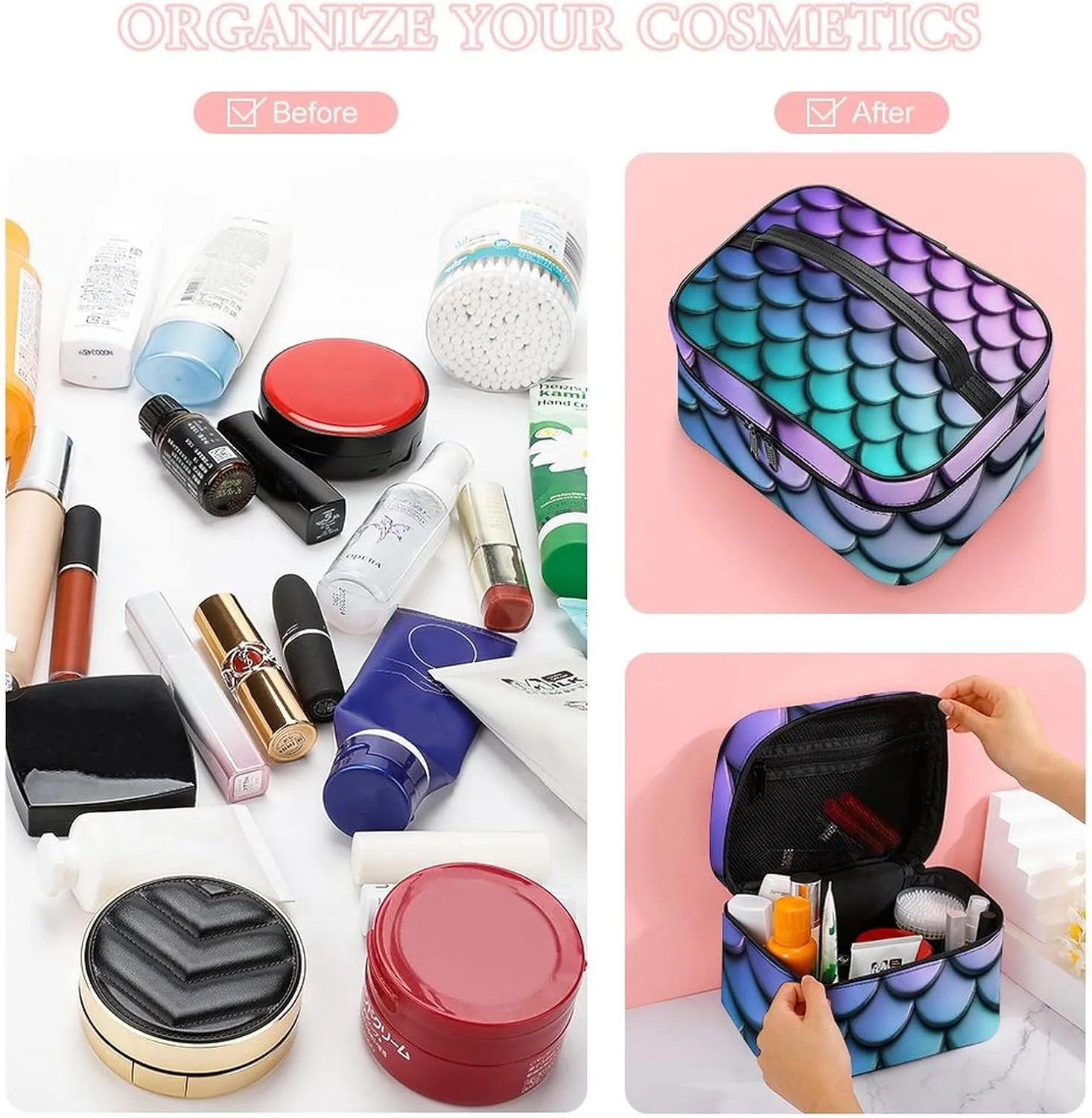 Make Up Bags Purple Turquoise Sparkling Mermaid Scales Pattern Cosmetics Organizer Case for Women, Travel Toiletry Brushes Storage Bag with Carry Handle