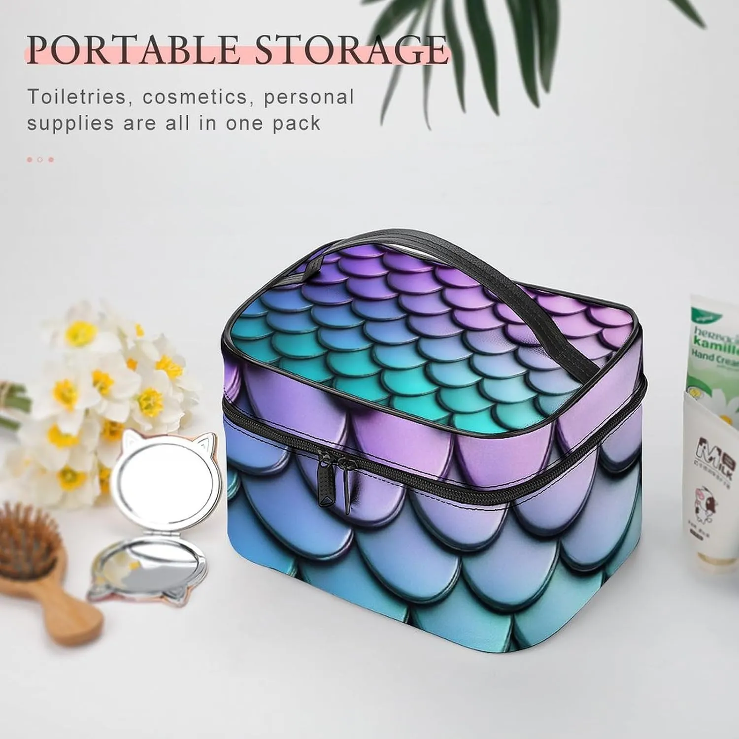 Make Up Bags Purple Turquoise Sparkling Mermaid Scales Pattern Cosmetics Organizer Case for Women, Travel Toiletry Brushes Storage Bag with Carry Handle