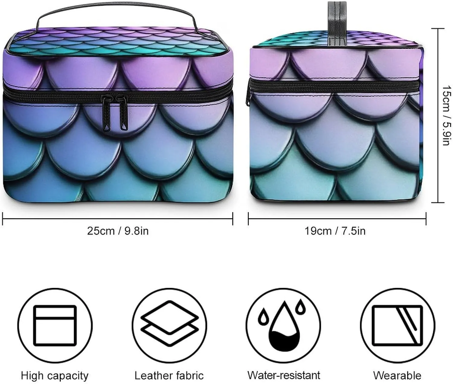 Make Up Bags Purple Turquoise Sparkling Mermaid Scales Pattern Cosmetics Organizer Case for Women, Travel Toiletry Brushes Storage Bag with Carry Handle