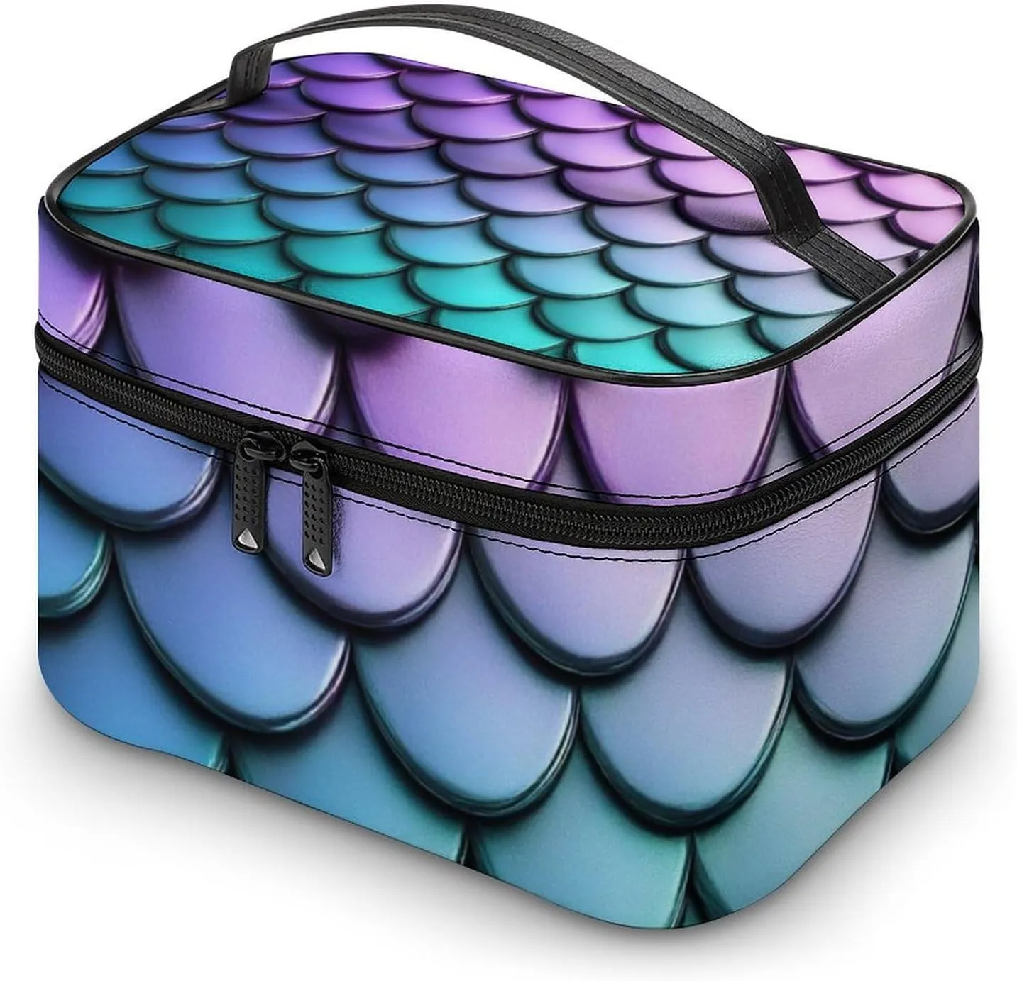 Make Up Bags Purple Turquoise Sparkling Mermaid Scales Pattern Cosmetics Organizer Case for Women, Travel Toiletry Brushes Storage Bag with Carry Handle