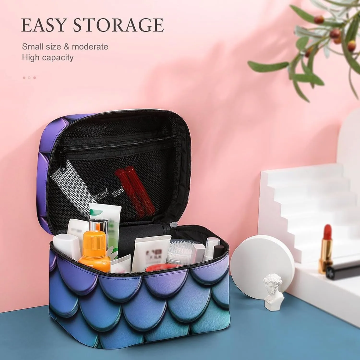 Make Up Bags Purple Turquoise Sparkling Mermaid Scales Pattern Cosmetics Organizer Case for Women, Travel Toiletry Brushes Storage Bag with Carry Handle