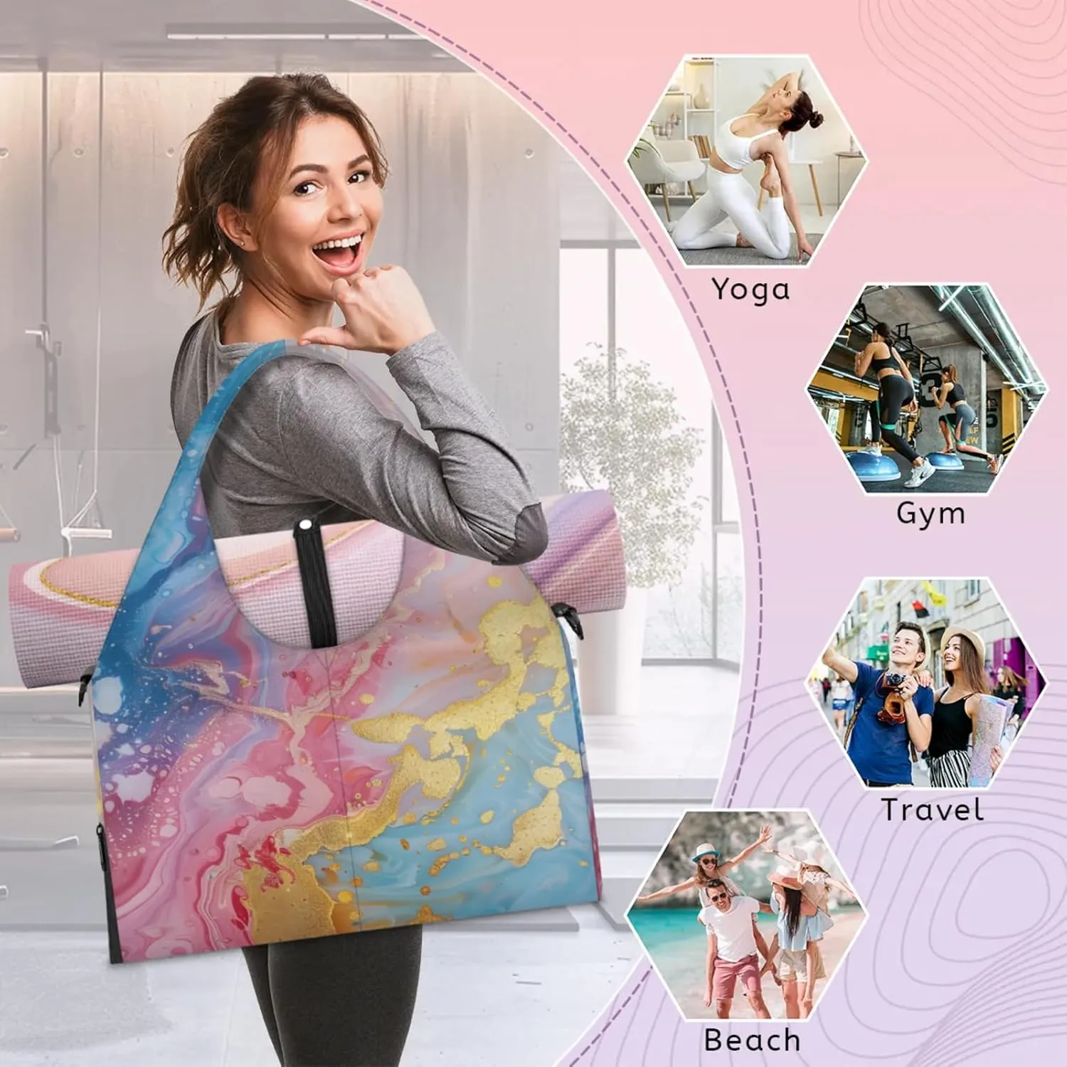 Marble Wall Paper Gym Bag Yoga Mat Tote for Women with Shoes Compartment Lightweight Duffle Travel Carrier Wet Dry Storage Pockets Adjustable Pilates Mats Shoulder Bags for Sport Swim