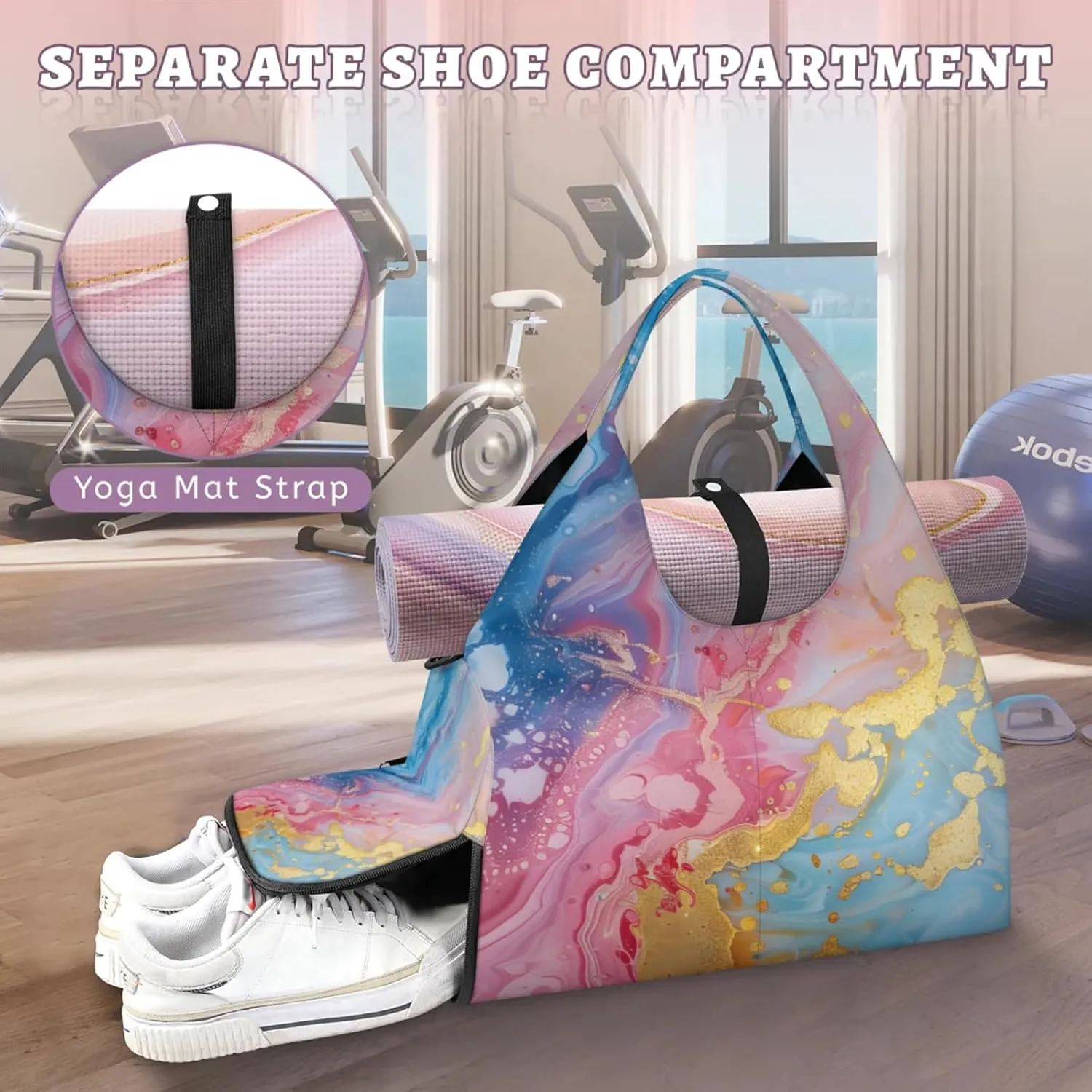 Marble Wall Paper Gym Bag Yoga Mat Tote for Women with Shoes Compartment Lightweight Duffle Travel Carrier Wet Dry Storage Pockets Adjustable Pilates Mats Shoulder Bags for Sport Swim