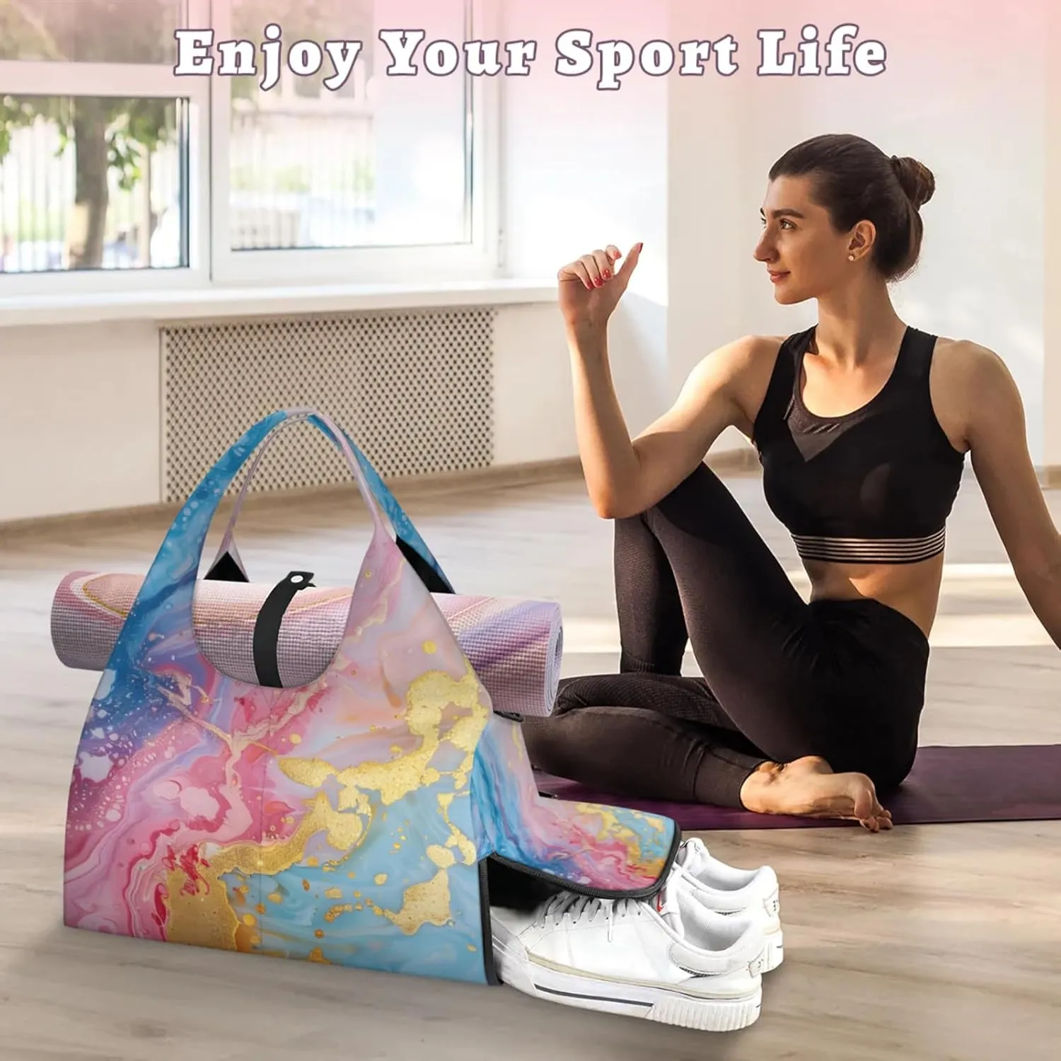 Marble Wall Paper Gym Bag Yoga Mat Tote for Women with Shoes Compartment Lightweight Duffle Travel Carrier Wet Dry Storage Pockets Adjustable Pilates Mats Shoulder Bags for Sport Swim