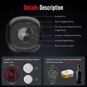 Mason Jar Vacuum Sealer - 3 in 1 Automatic Vacuum & Wine Saver with Food Pump for Canning Jars - Wide & Regular Mouth Mason Lids