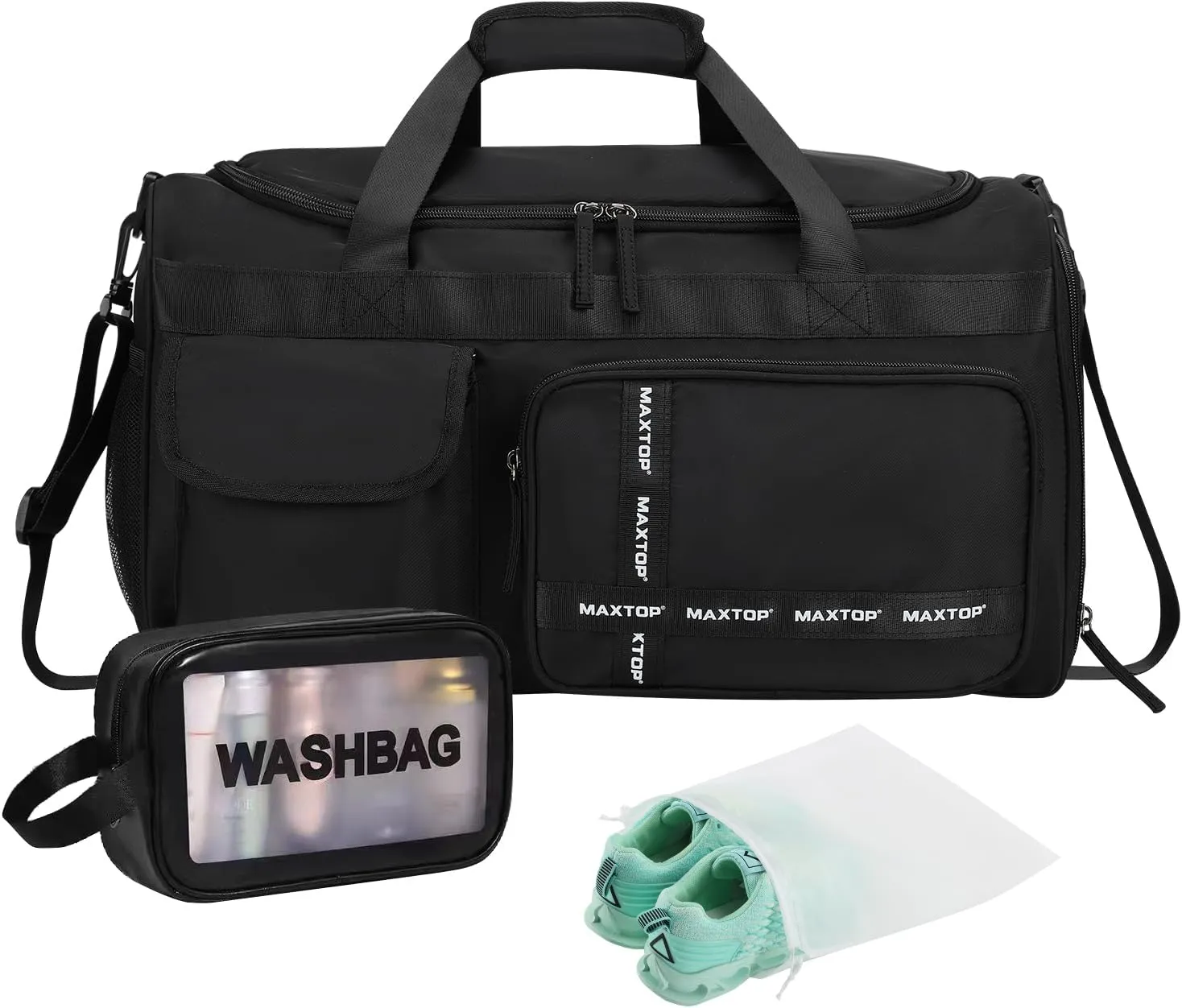 MAXTOP Travel Duffle Bag for Women Men,Carry On Tote Weekender Overnight Duffel Gym Bag with Shoe Compartment & Wet Pocket,Black