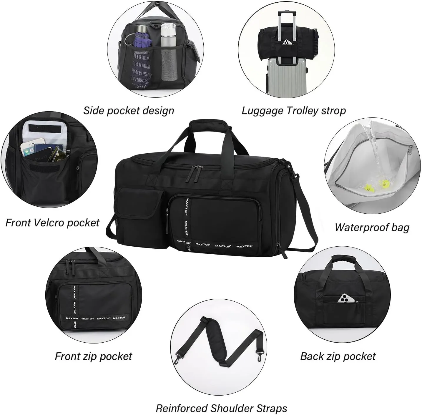 MAXTOP Travel Duffle Bag for Women Men,Carry On Tote Weekender Overnight Duffel Gym Bag with Shoe Compartment & Wet Pocket,Black