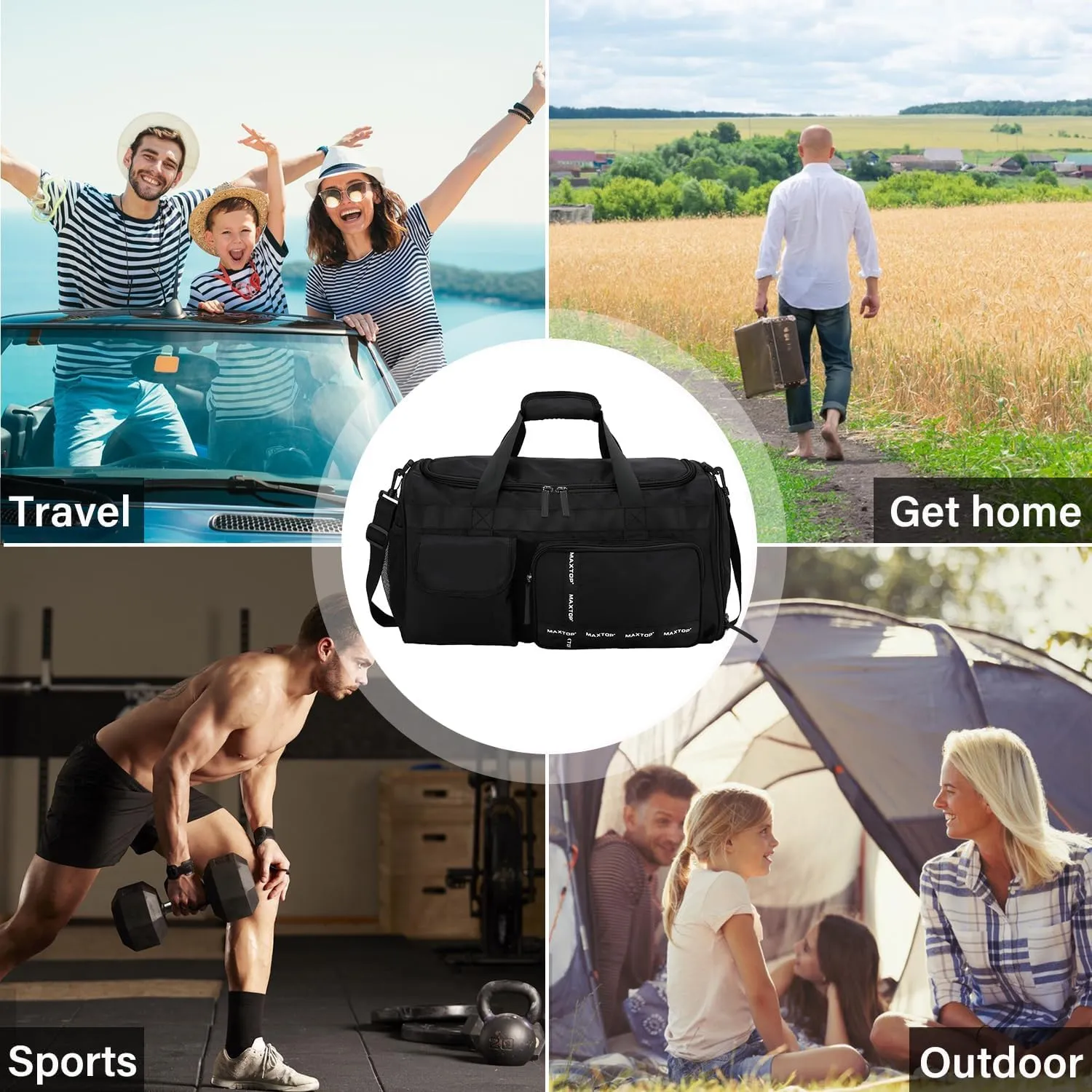 MAXTOP Travel Duffle Bag for Women Men,Carry On Tote Weekender Overnight Duffel Gym Bag with Shoe Compartment & Wet Pocket,Black