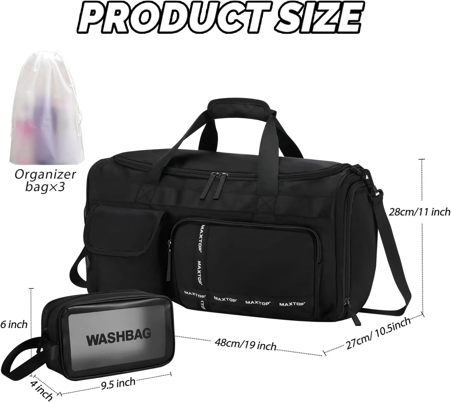 MAXTOP Travel Duffle Bag for Women Men,Carry On Tote Weekender Overnight Duffel Gym Bag with Shoe Compartment & Wet Pocket,Black