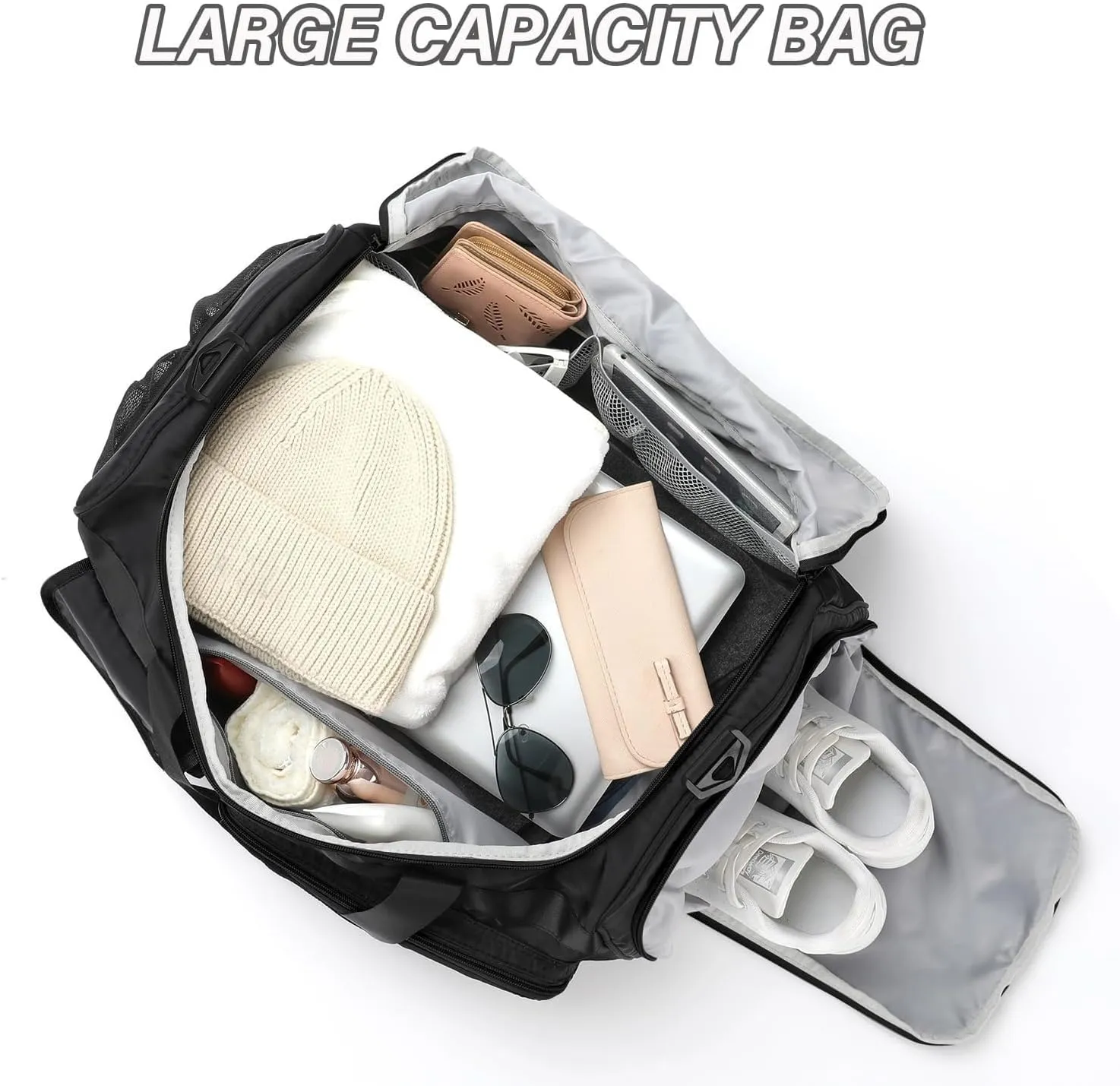 MAXTOP Travel Duffle Bag for Women Men,Carry On Tote Weekender Overnight Duffel Gym Bag with Shoe Compartment & Wet Pocket,Black
