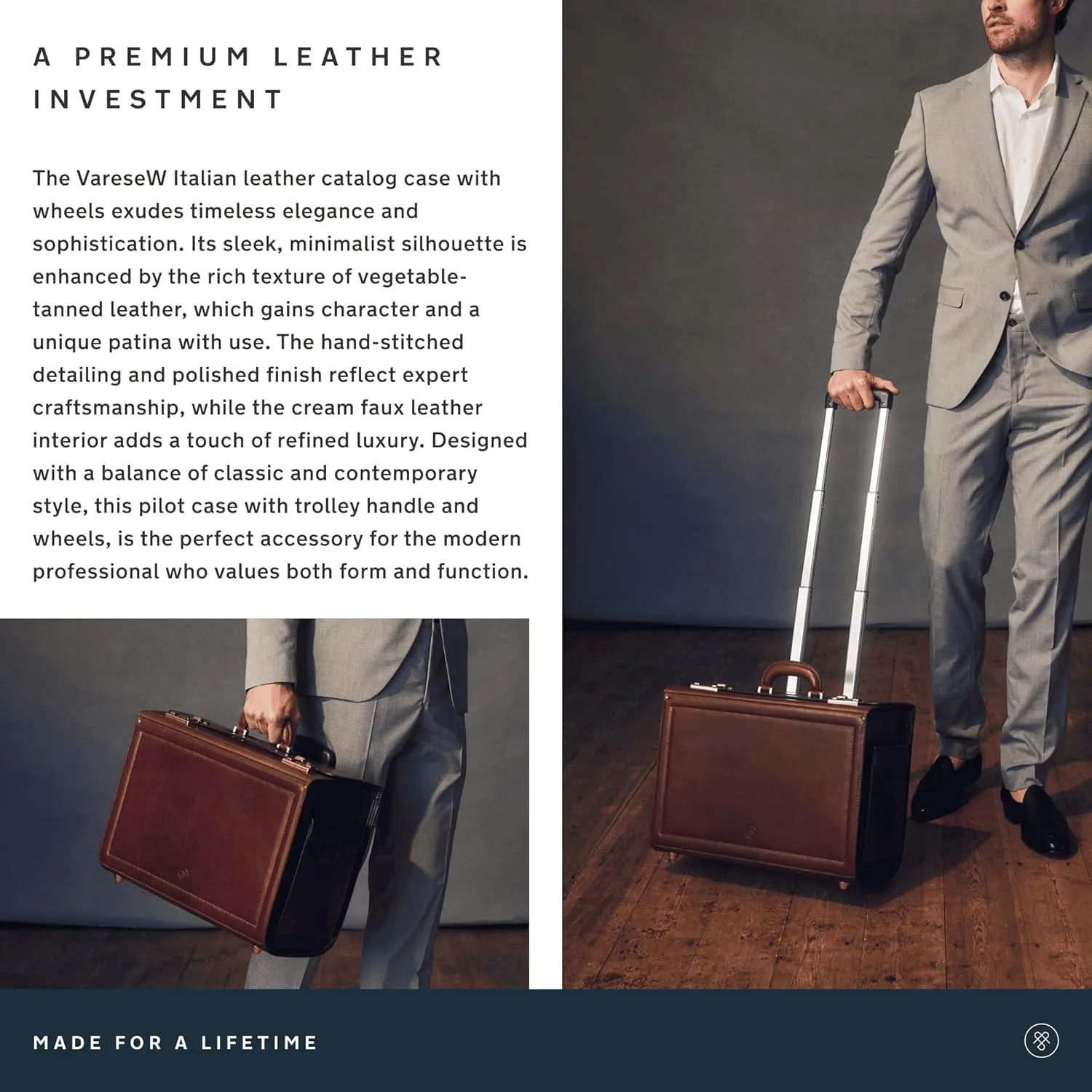 Maxwell Scott - Mens Luxury Leather Rolling Wheeled Pilot Briefcase/Catalog Case and Combination Lock - The VareseW Black