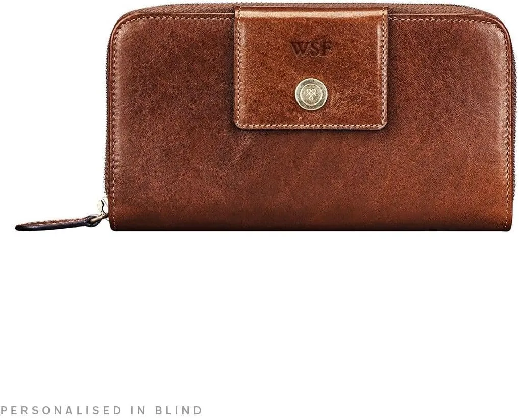 Maxwell Scott - Personalized Womens Luxury Leather Very Large Zip Around Purse Wallet - The Giorgia - Chestnut Tan