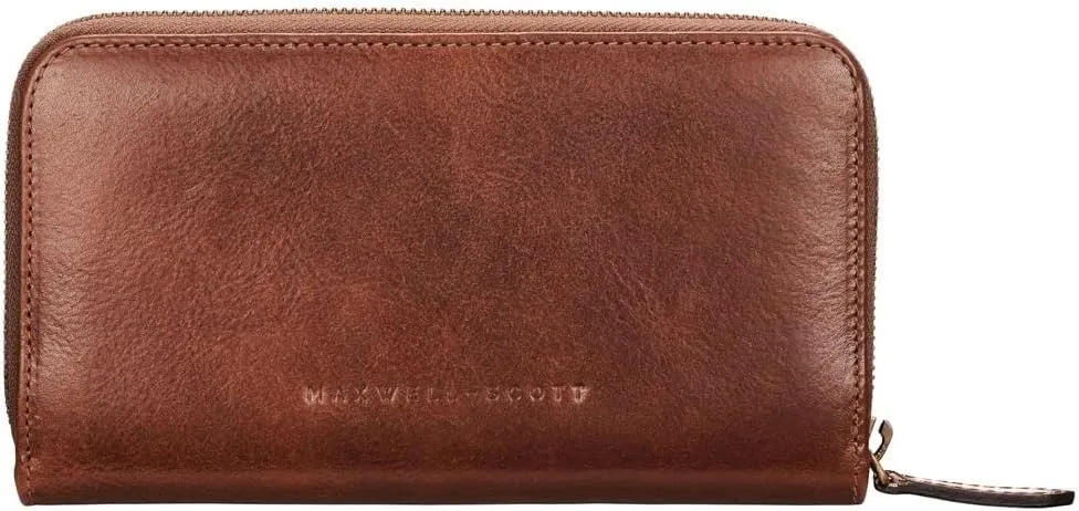 Maxwell Scott - Personalized Womens Luxury Leather Very Large Zip Around Purse Wallet - The Giorgia - Chestnut Tan